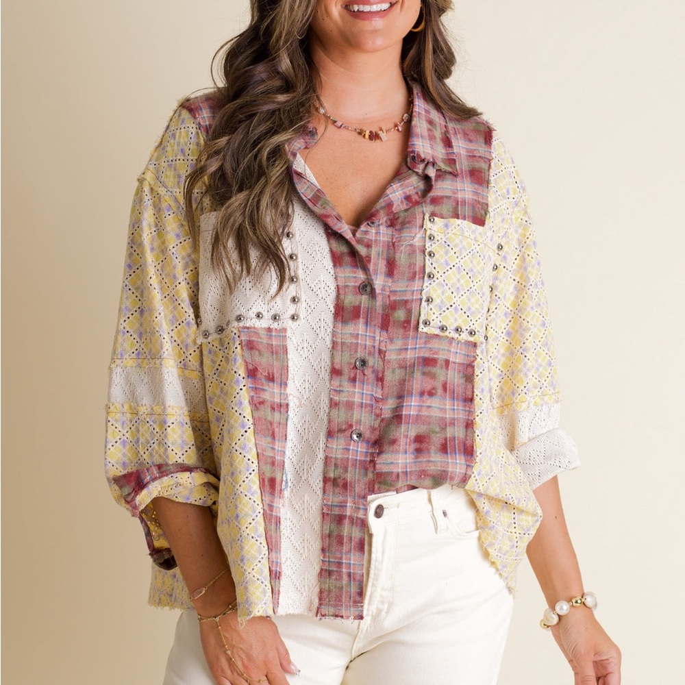 Pol Mixed Media Patchwork Button Down Shirt | Ove… - image 8